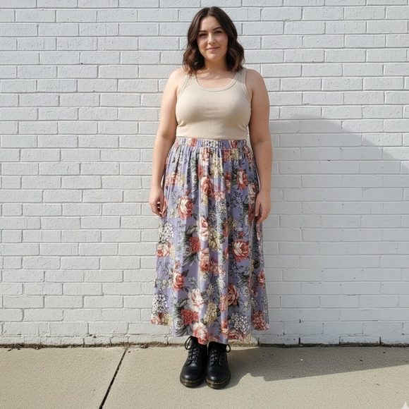 Vintage 90s High Rise A-Line Floral Cottagecore Skirt Midi Peasant Blue 1X 2X 3X - Picture 2 of 8